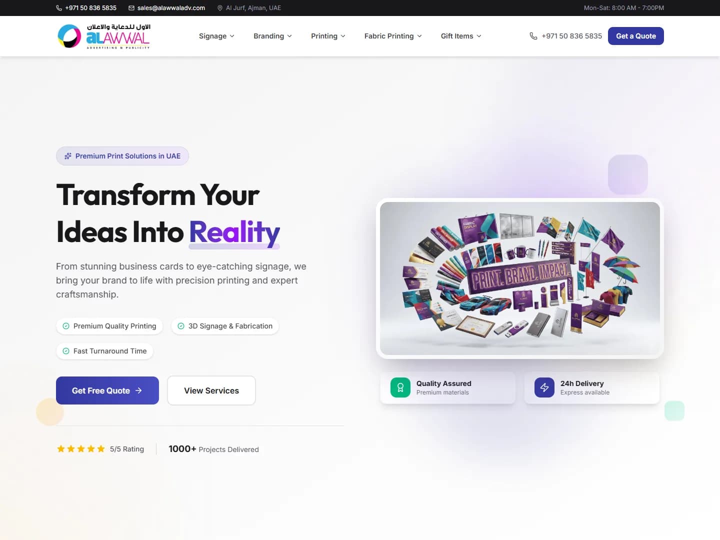 Homepage of the Al Awwal Advertising & Publicity website: headline “Transform Your Ideas Into Reality” beside a collage of printed and branded products