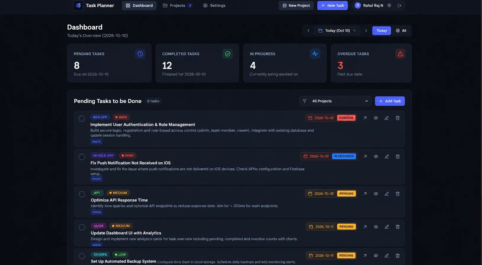Task Planner dashboard: counters for pending, completed, in-progress and overdue tasks above a list of pending tasks tagged by project and priority